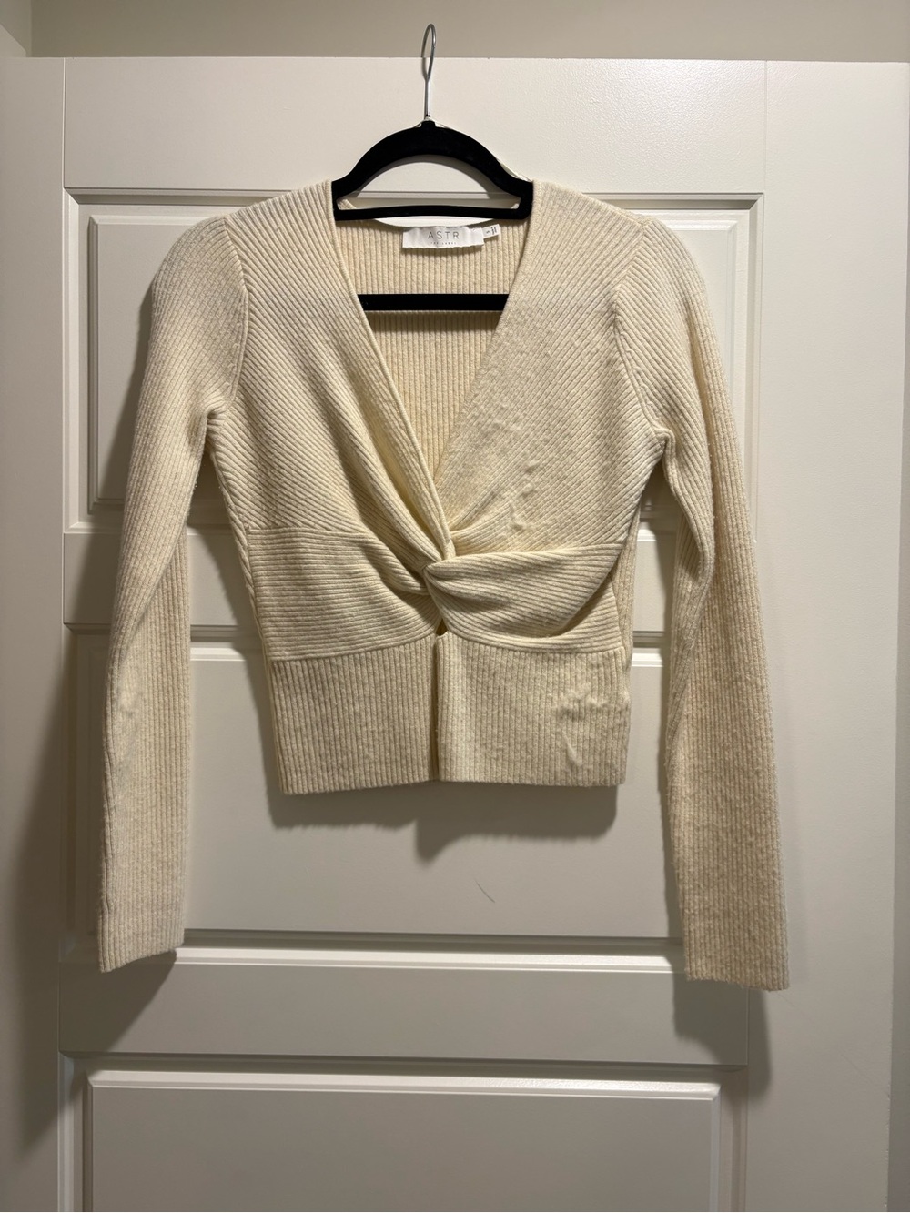 Astr Ivory Twist-Front V-Neck Ribbed Sweater